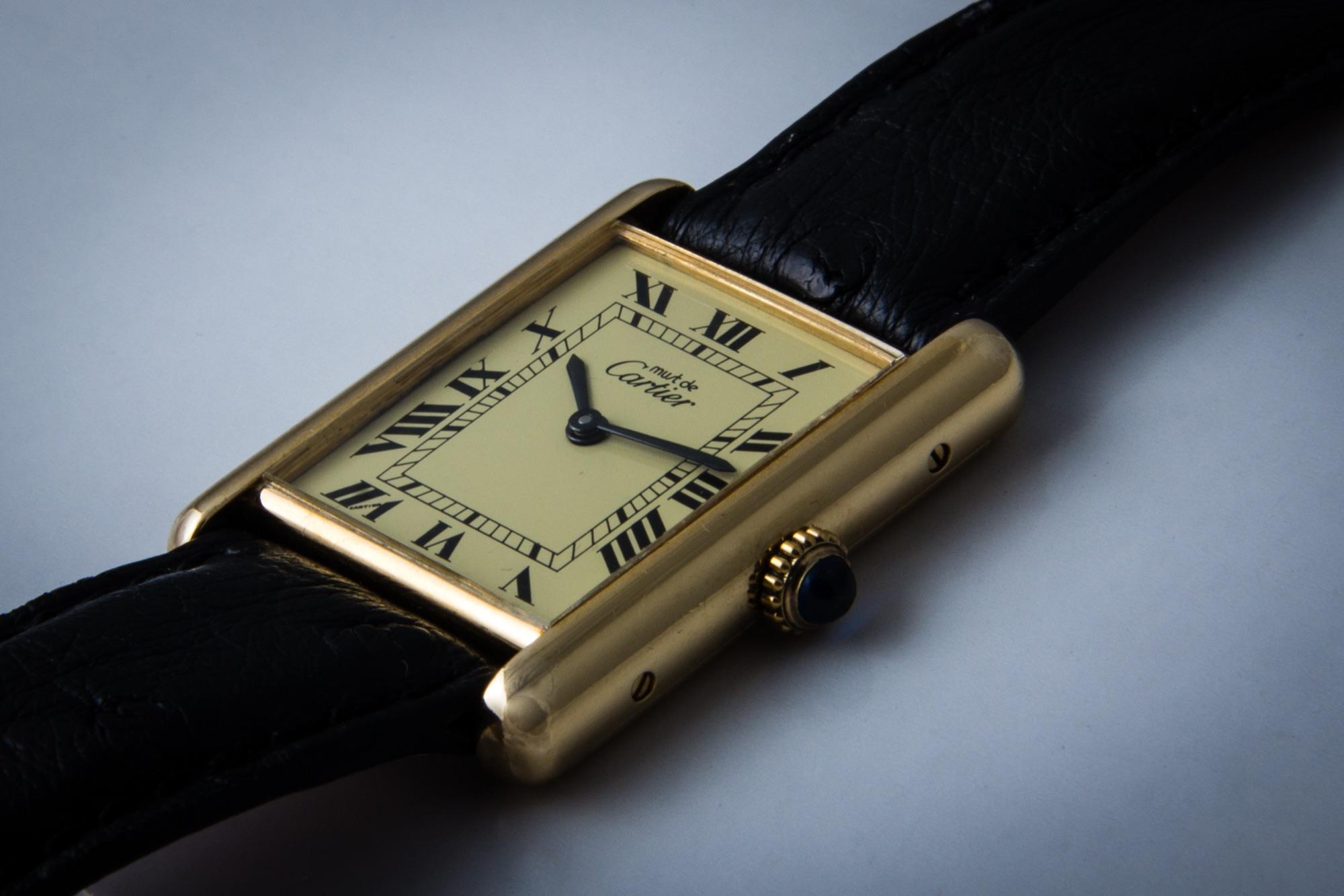 Cartier Tank on a black leather strap