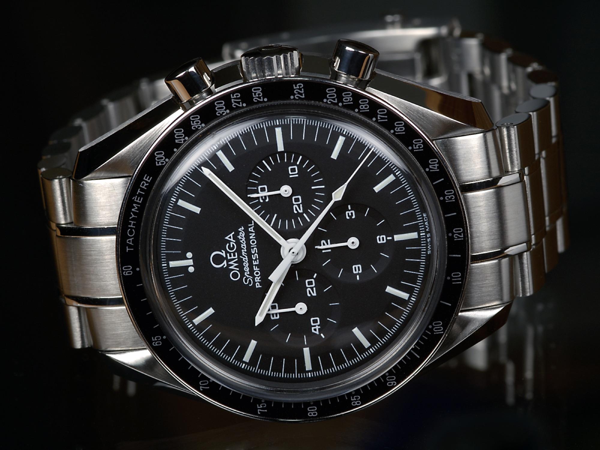 Omega Speedmaster Professional chronograph against a dark background